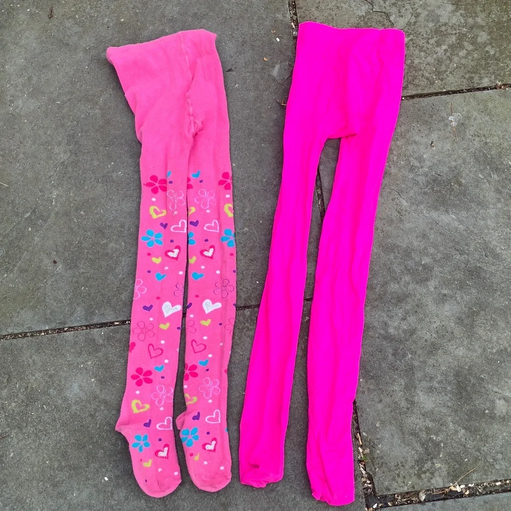 ✨ Bundle of 2: Girls’ Neon Pink & Floral Heart Patterned Tights (Size 7-10) ✨ Op